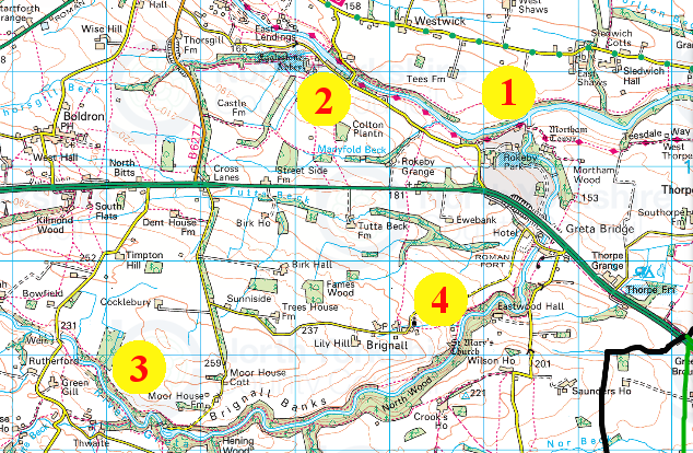 Map showing the four Darlington Fly Fishers Club beats